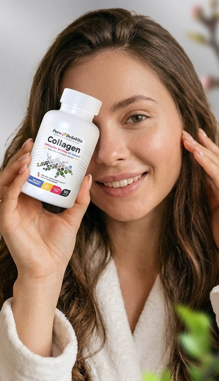 Woman holding Pure DelaVita Collagen as part of her daily skincare and wellness routine