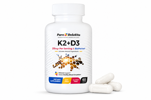 Pure DelaVita K2+D3 with BioPerine, 60 veggie capsule bottle