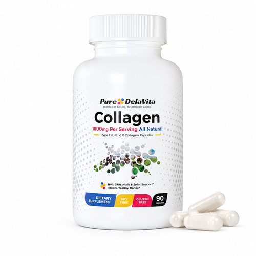 Pure DelaVita Collagen 1800mg multi-type peptides, 90 capsule bottle